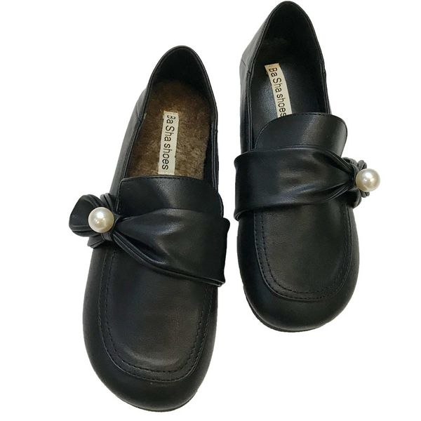 

with wool pad big head women's shoes 2020 autumn british small leather shoes women's wild casual flat, Black