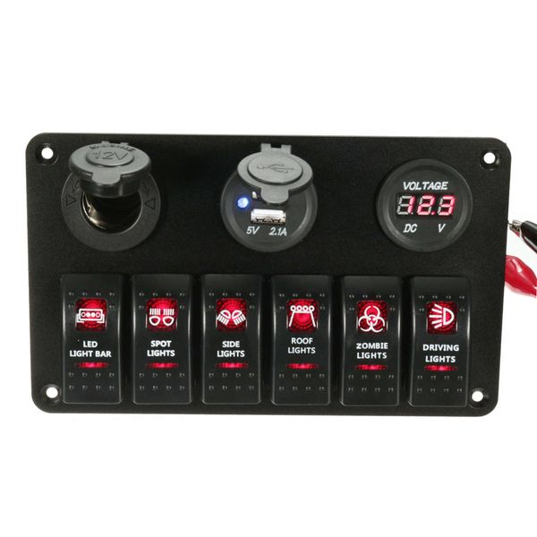 Freeshipping Black 6 Gang Marine Laser Red LED Rocker Switch Panel Breaker USB Charger Socket Precablato