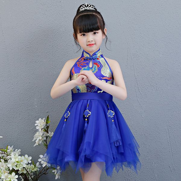 

голубые дети ребёнков одежды принцесса мандарин воротник рукавов чонг-сэм китайский стиль случайные платья партии pageant платья, Red