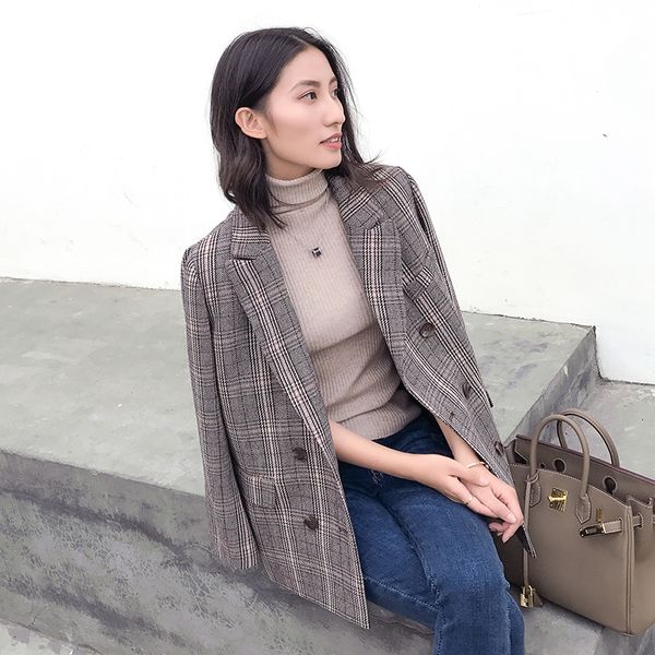 

spring new vintage women's long double-breasted plaid casual suit female loose suits blazer jacket blazer fenimino bomber, White;black