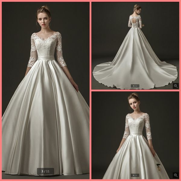 

robe de mariage 2019 ivory lace appliques ball gown wedding dress three quarter sleeve hollow back corset bride dress selling, White