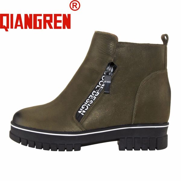 

qiangren 2018 new arrive women's spring army green genuine leather rubber boots autumn girly botas mujer shoes cow leather, Black