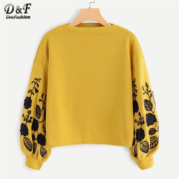 

dotfashion розовый епископ рукав цветочные падения плеча вышивки crop пуловер женщины повседневная осень клобук шеи одежда толстовка, Black