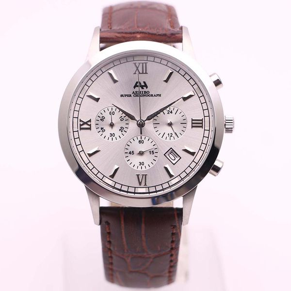 

all dials working aehibo quartz super chronograph pin buckle mens watches stainless steel case wristwatches alligator strap watch, Slivery;brown