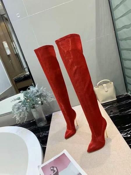 

sred gold over the knee boots women pointed toe silver heels winter long boots slim fit metal heel thigh high boot, Black