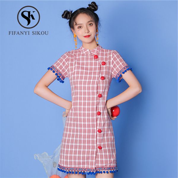 

2019 лето vintage плед qipao женщины традиционный китайский платье дизайн моды кисточкой тонкий cheongsam женский повседневная платье qipao, Red
