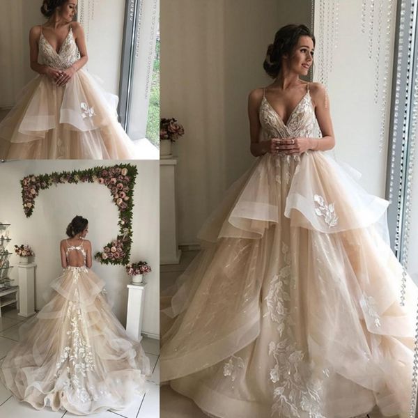 

2019 gorgeous champagne lace wedding dresses ruffles v neck open back bridal gowns sweep trainÂ organza weddingÂ gowns, White