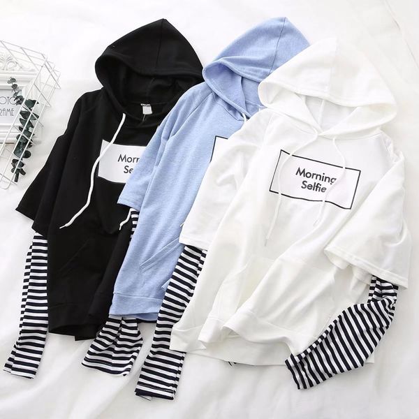 

autumn female hoodie sweatshirt long sleeve large size winter japanese fake two piece sweatshirt, Black