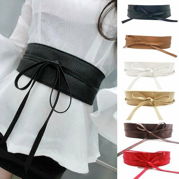 

women lady stretch buckle waist belt bow wide pu leather elastic corset waistband beige black red white camel, Black;brown