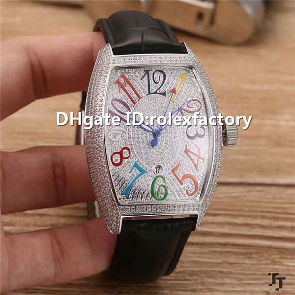 

new luxury full diamond watch automatic sapphire crystal fancy arabic numerals diamond dial stainless steel case calfskin strap watch, Slivery;brown