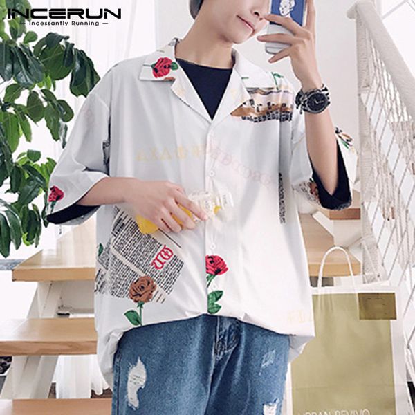 

incerun men printed half sleeve lapel summer casual shirt streetwear comfort retro baggy button mens korean fashion trend blouse, White;black