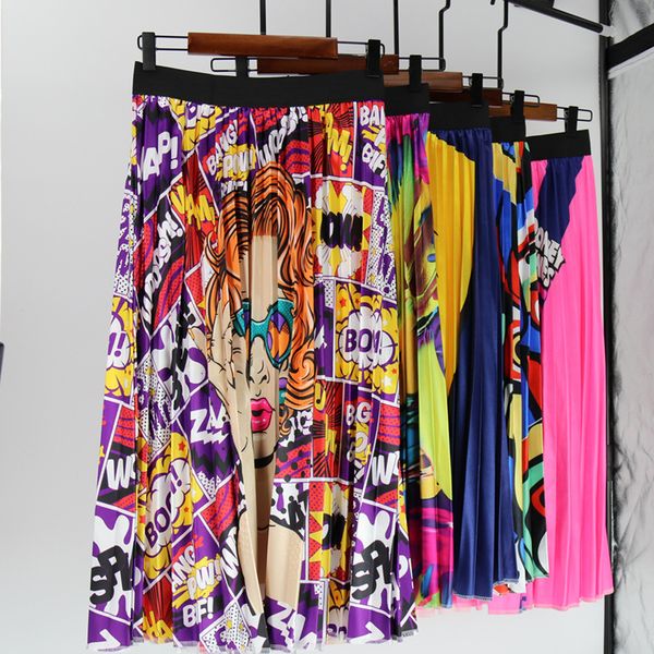 

cartoon animal pattern loose waist pleated printed skirt women for summer 2019 plus size fashions women plus size skirts, Black