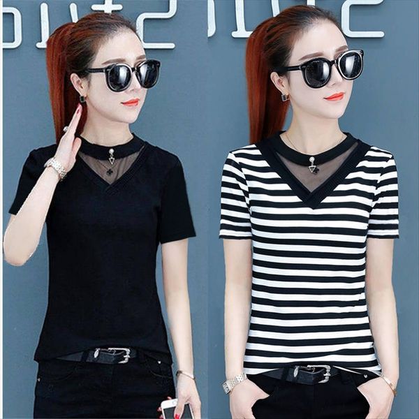 

slim t- and slim striped t-shirt female student gauze stitching base shirt top, White