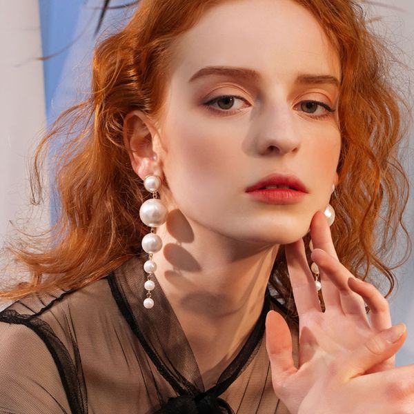 

trendy elegant created big simulated pearl long earrings pearls string statement drop earrings for wedding party gift, Silver