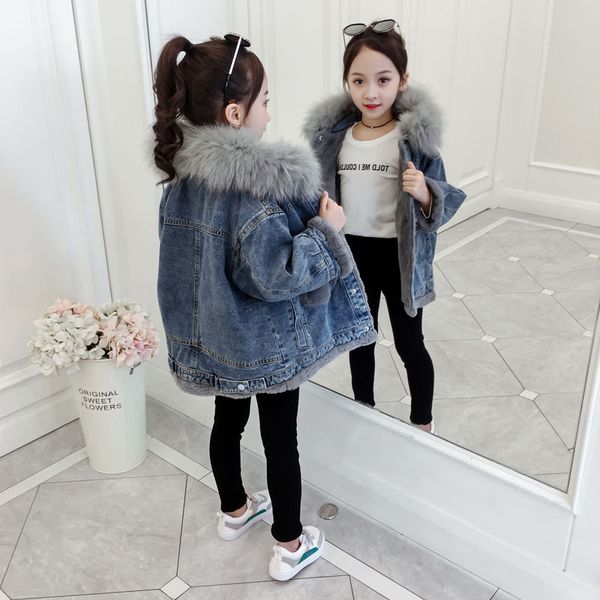 

winter jackets girls toddler baby boys girls plush hooded jacket parkas outwear winter warm windproof denim button coat, Blue;gray