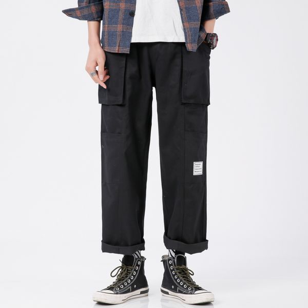 

summer new pants men fashion solid color wash casual straight trousers man streetwear trend wild hip hop loose overalls m-5xl, Black
