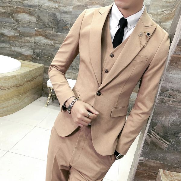 

mens slim light tan three pieces suit sets male one-button business casual professional wear trajes de hombre de vestir, White;black