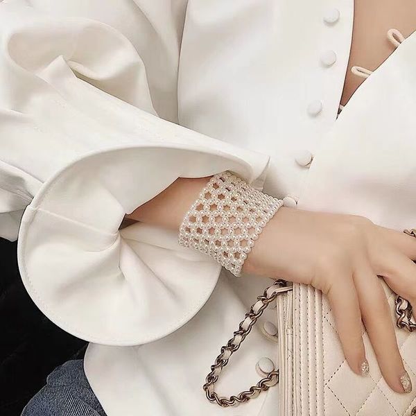 

dvacaman wide simulated pearl bangle for women korean jewelry girl party charm bracelet adjustable big bangle wedding party gift, Golden;silver
