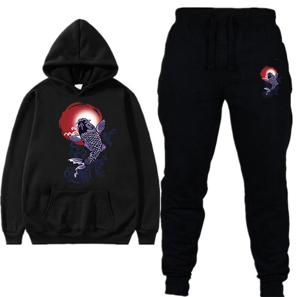 

hoodie sweatshirt men/women new fashion print koi fish hoodies+sweatpants suits 2019 spring autumn winter warm hooded pullover, Black