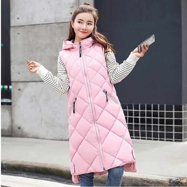 

2019winter vest women long vest casual slim thick warm autumn hooded sleeveless waistcoat long zipper winter female, Black;white