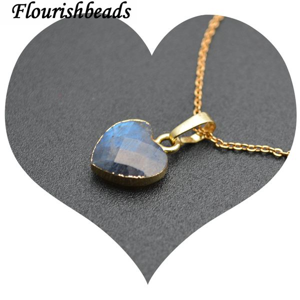 

natural shiny labradorite faceted stone heart pendant linked chains necklace fashion woamn jewelry, Silver