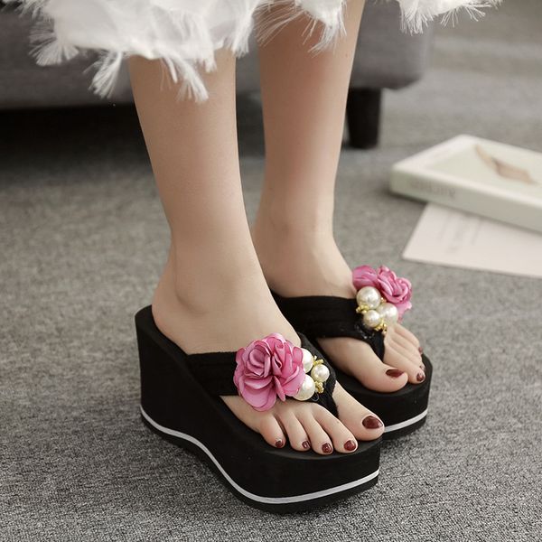 

fashion summer beach women platform flip flops sewing med wedges outdoor slippers flower solid casual ladies shoes, Black