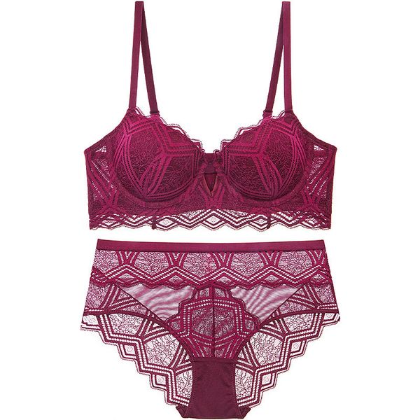 

bra set new european and american lace embroidery underwear widened wings comfortable gathering female bra, Red;black