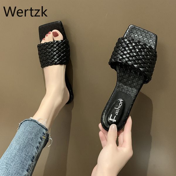 

rimocy soft leather woven slippers women summer 2020 flat heels beach casual slides shoes woman outdoor sandals flip flops muter, Black