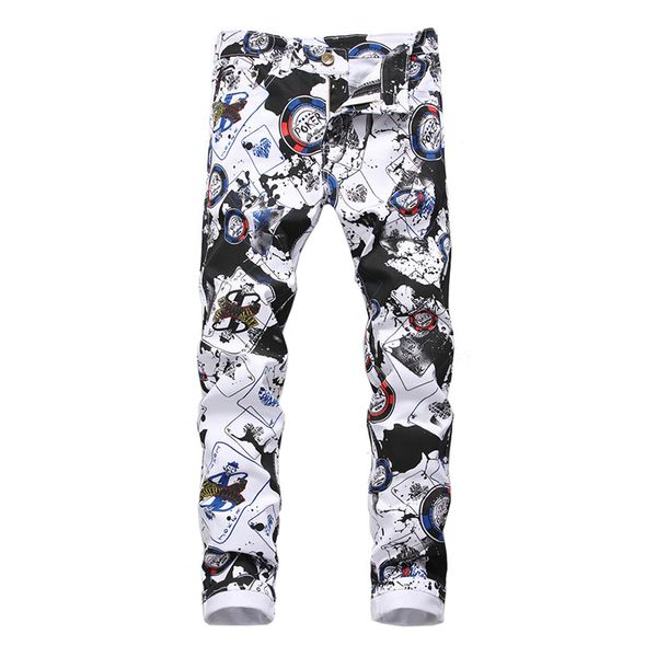 

sokotoo men's fashion slim 3d printed white jeans casual stretch pants, Blue