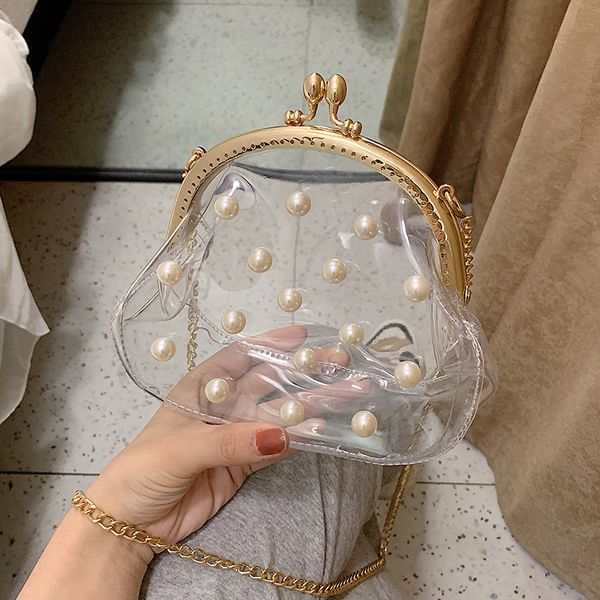

прозрачный желе мешок 2019 лета новое высокое качество пвх женские сумки pearl shell мешок цепи плеча
