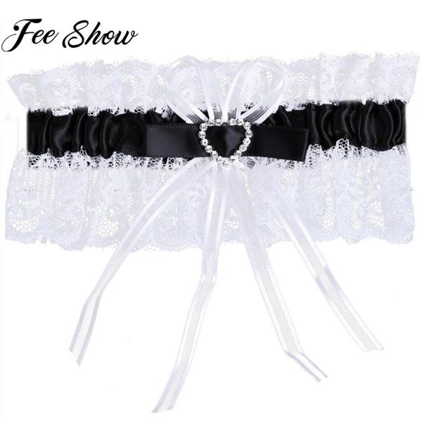 

lace ruffle crystal heart satin bridal wedding garter with bowknot lace ruffle crystal heart bridal wedding garter with bowknot, Black;white
