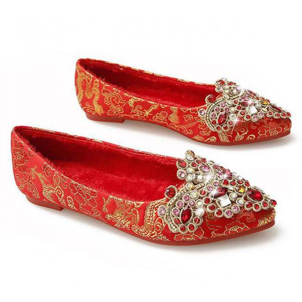 

plus size 34~43 red crystal wedding shoes pointed toe flats rhinestones bridal satin shoes ladies slip on loafers single shoe, Black