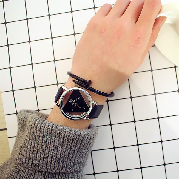 

simple harajuku triangle watch personality fashion double-sided hollow korean trend student couple watch, Slivery;brown