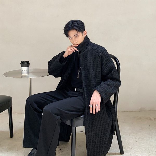 

new brand woven medium length mens woolen trench coats fashion single breasted sashes loose fit outerwear coats, Tan;black