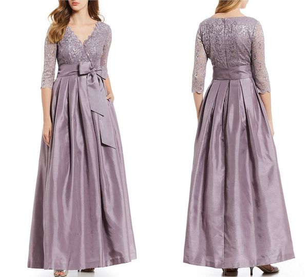 Plus Size Lavendel Mutter der Braut Kleider 3/4 lange Ärmel V-Ausschnitt Spitze Perlen bodenlang formelle Partykleider Ballkleid