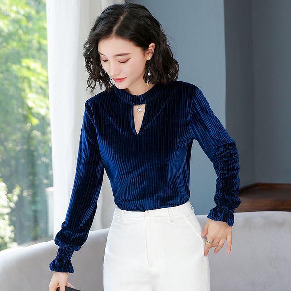 

gold velvet stand collar slim shirt female long-sleeved fashion was thin stripe solid color frill shirt pullover women spring, White