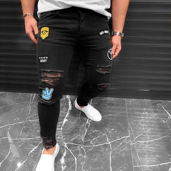 

new style 2019 men's embroidered hole jeans slim hip-hop black jeans, Blue