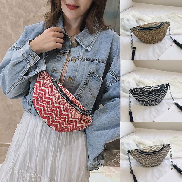 

women outdoor zipper stripe weaving messenger bag chest bag waist phone