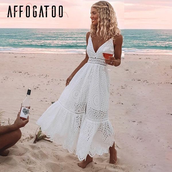 

affogatoo v neck cotton white summer dress women elegant embroidery strap long dress casual high waist button female, Black;gray