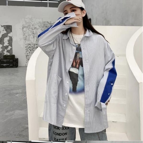 

осень и зима 2019 новой корейской версии свободно bf громоздкая рубашки девушка студент полоса сверху цвет соответствия ины пальто тенденция, White