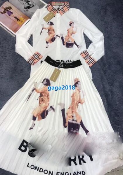 

high end women girls dress set рубашка vintage check letter print с длинным рукавом блузка топы a-line midi плиссированная юбка модный дизай, White