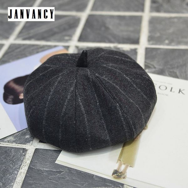 

vintage wool pacifier beret for women hexagonal painter cap british style hat black red artist elegant pumpkin toque mushroom, Blue;gray