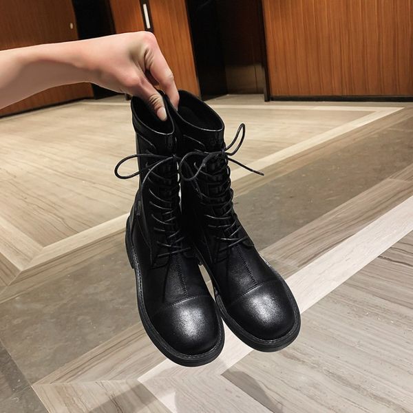 

mljuese 2020 women ankle boots cow leather round toe black color lace up winter short plush women riding boots size 34-40