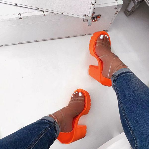 

orange pvc jelly sandasls peep toe thick high heels women shoes clear narrow band platform transparent sandals plus size 37-41, Black