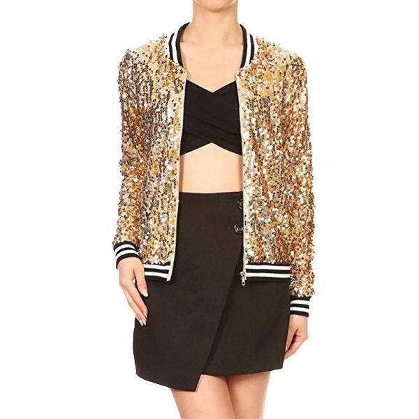 

gofuly 2020 womens fashion style sequin long sleeve stand collar front zip jacket with ribbed cuffs coats outerwear dropshipping, Black;brown