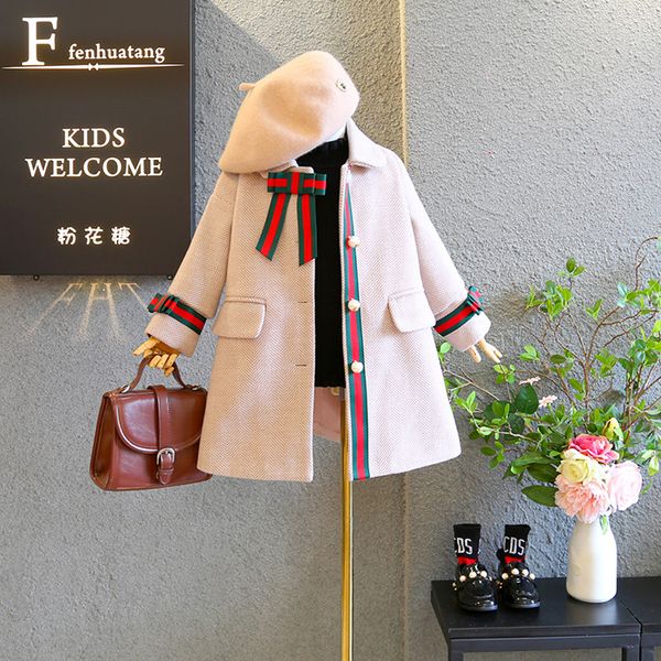 

2019 autumn winter new arrival girls fashion princess woolen coat kids jackets with bow and pearl, Blue;gray