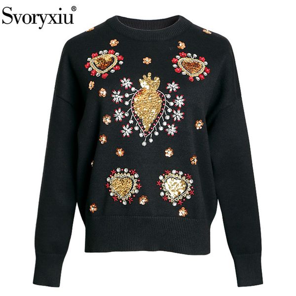

svoryxiu designer autumn winter wool blend sweater pullovers women's fashion sequin diamond loose long sleeve knitting jumper, White;black