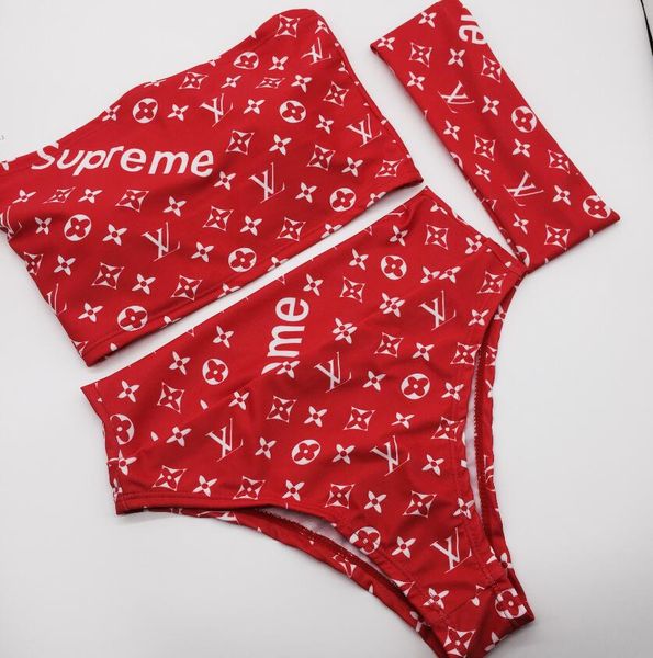 

designer bikini print three-point explosion swimsuit slit ladies sewn sports fashion luxury beach swimsuit, White;black
