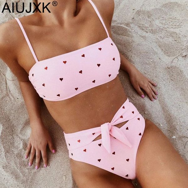 

aiujxk new fashion heart print bandage biquini women underwear bra set ladies high waist lingerie pink 2 piece swimsuit, Red;black