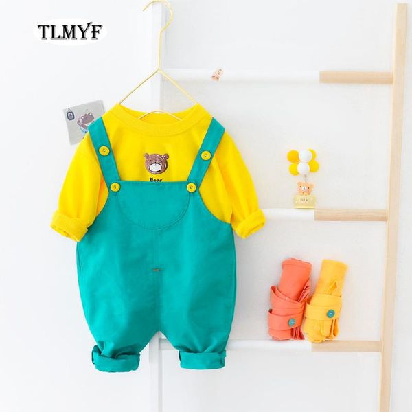

baby boy/girl 2 pc/set candy color cute bear coat and suspenders spring wear 20200312-8, White